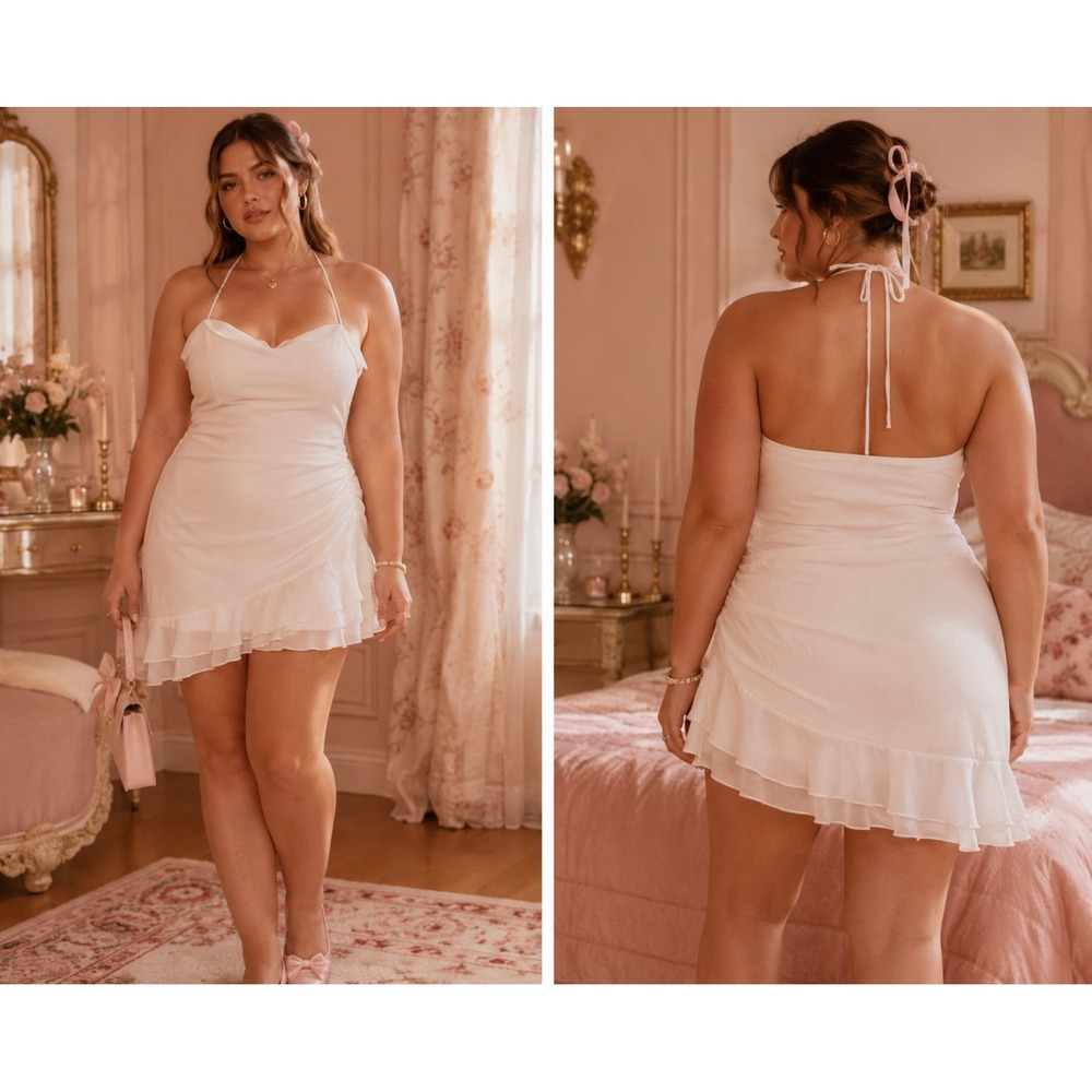 White Fox Women Size 12 Mini Dress White Ruched Ruffle Halter Party‎ Coquette